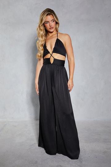 Black Textured Satin Strappy Cut Out Jumpsuit