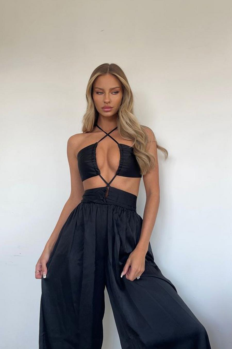 Black Textured Satin Strappy Cut Out Jumpsuit 