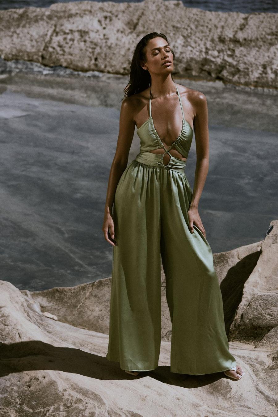 Olive Textured Satin Strappy Cut Out Jumpsuit  image number 1