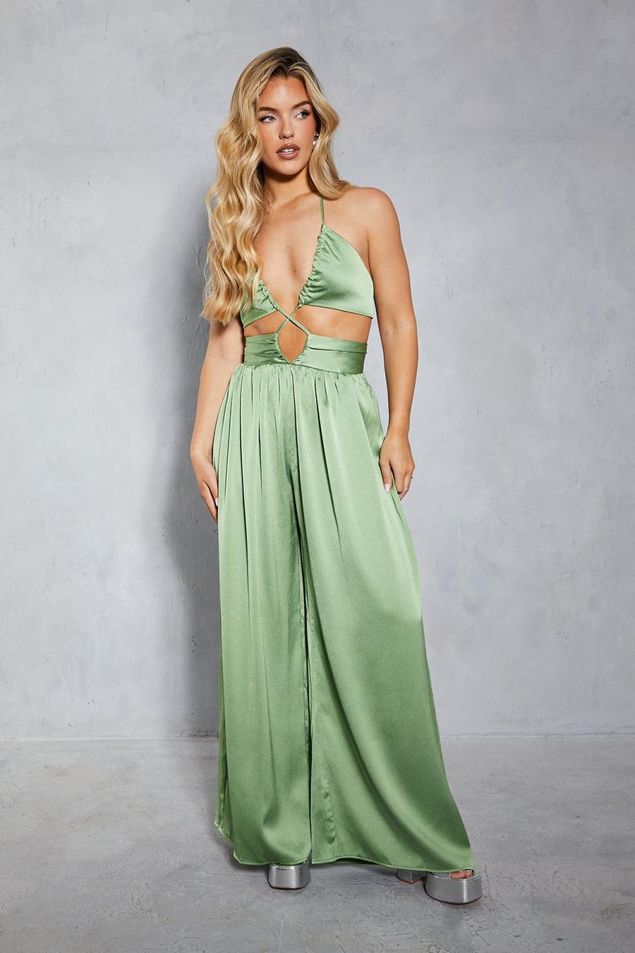 Olive Textured Satin Strappy Cut Out Jumpsuit 