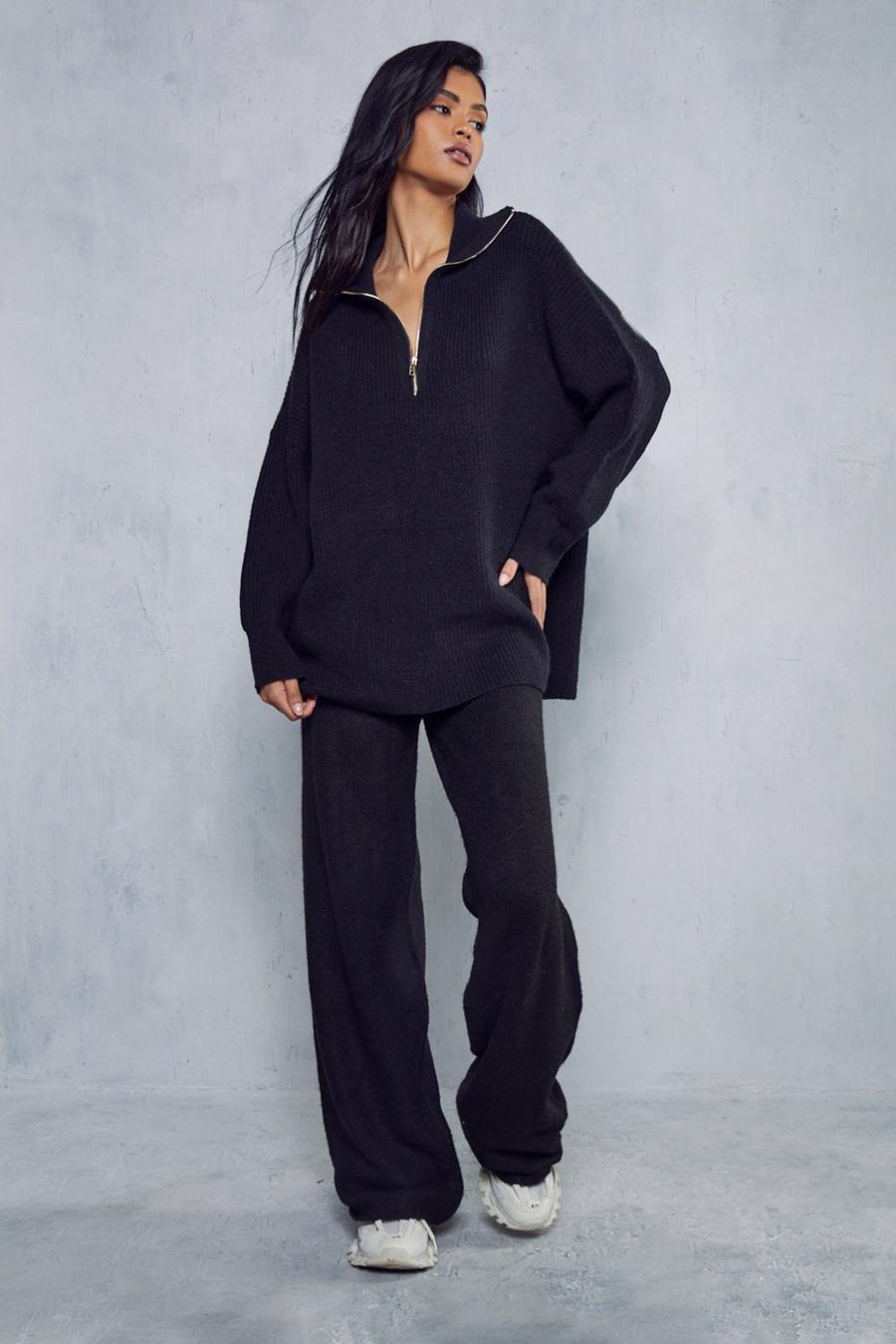Black Oversized Rib Knit Zip Up Co-ord image number 1