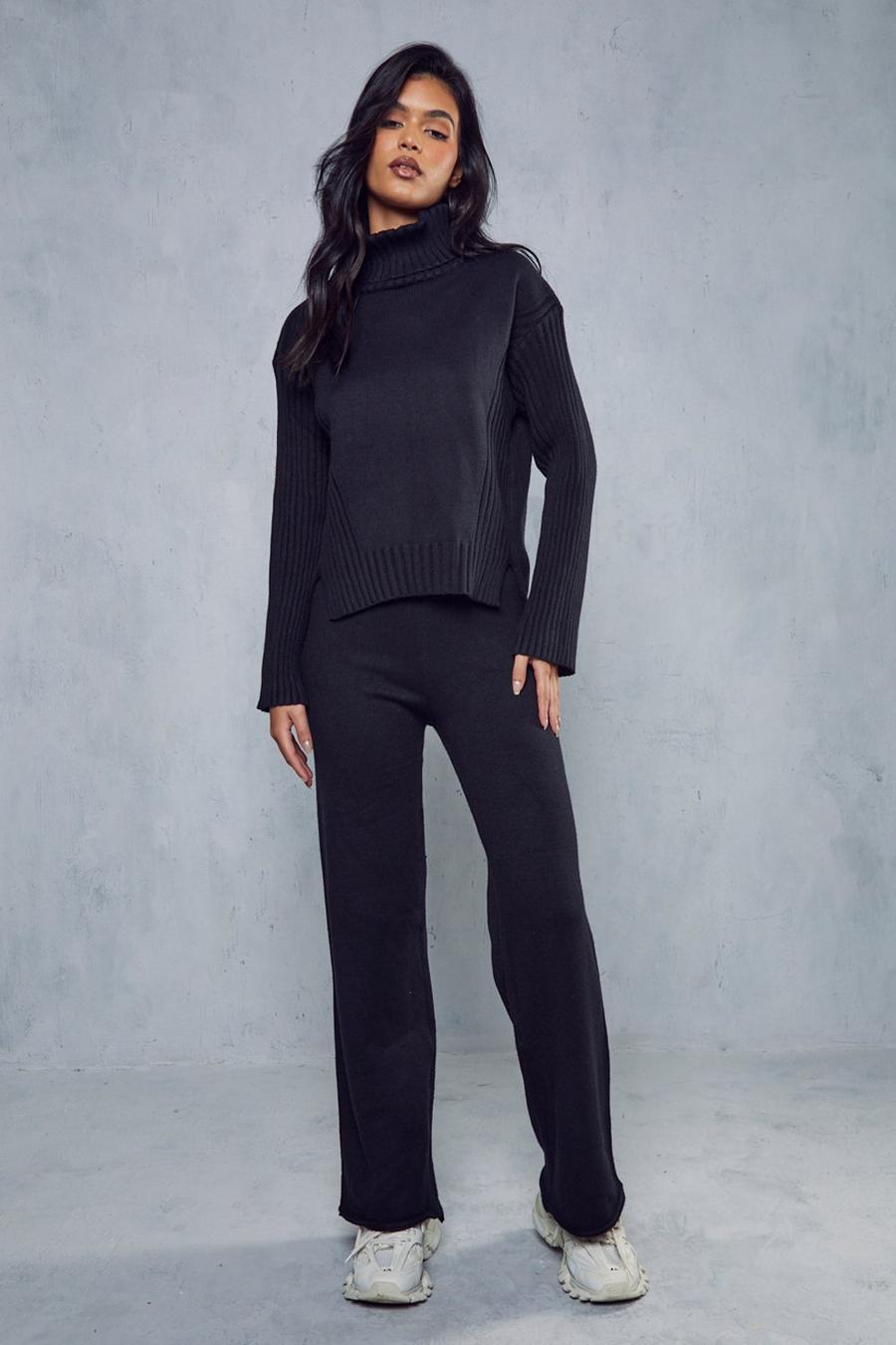Black Oversized Turtle Neck Knitted Co-ord image number 1