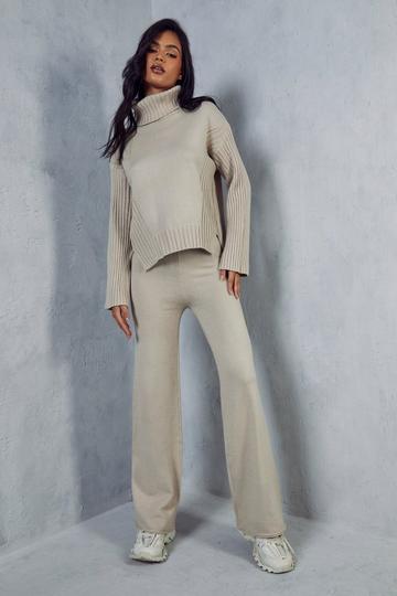 Stone Beige Oversized Turtle Neck Knitted Co-ord