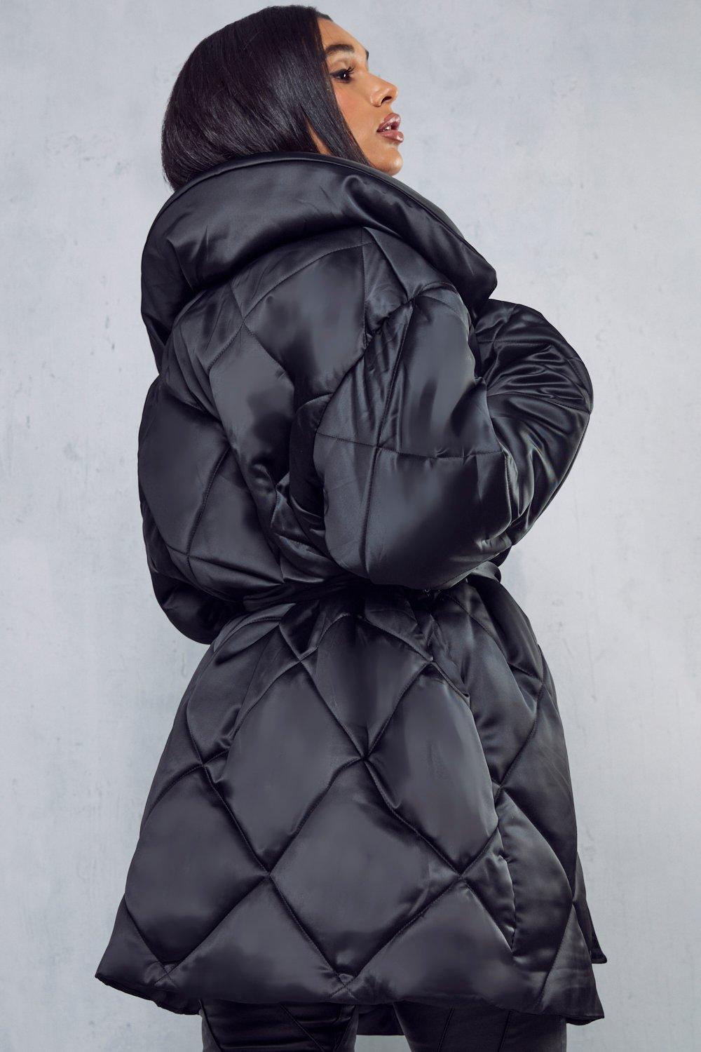 Black belted quilted coat online