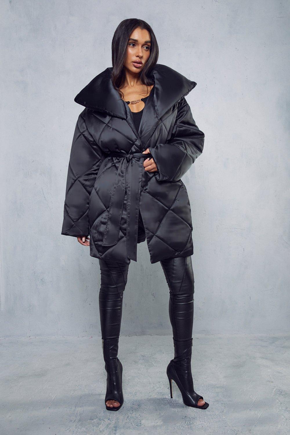 Black belted store quilted coat