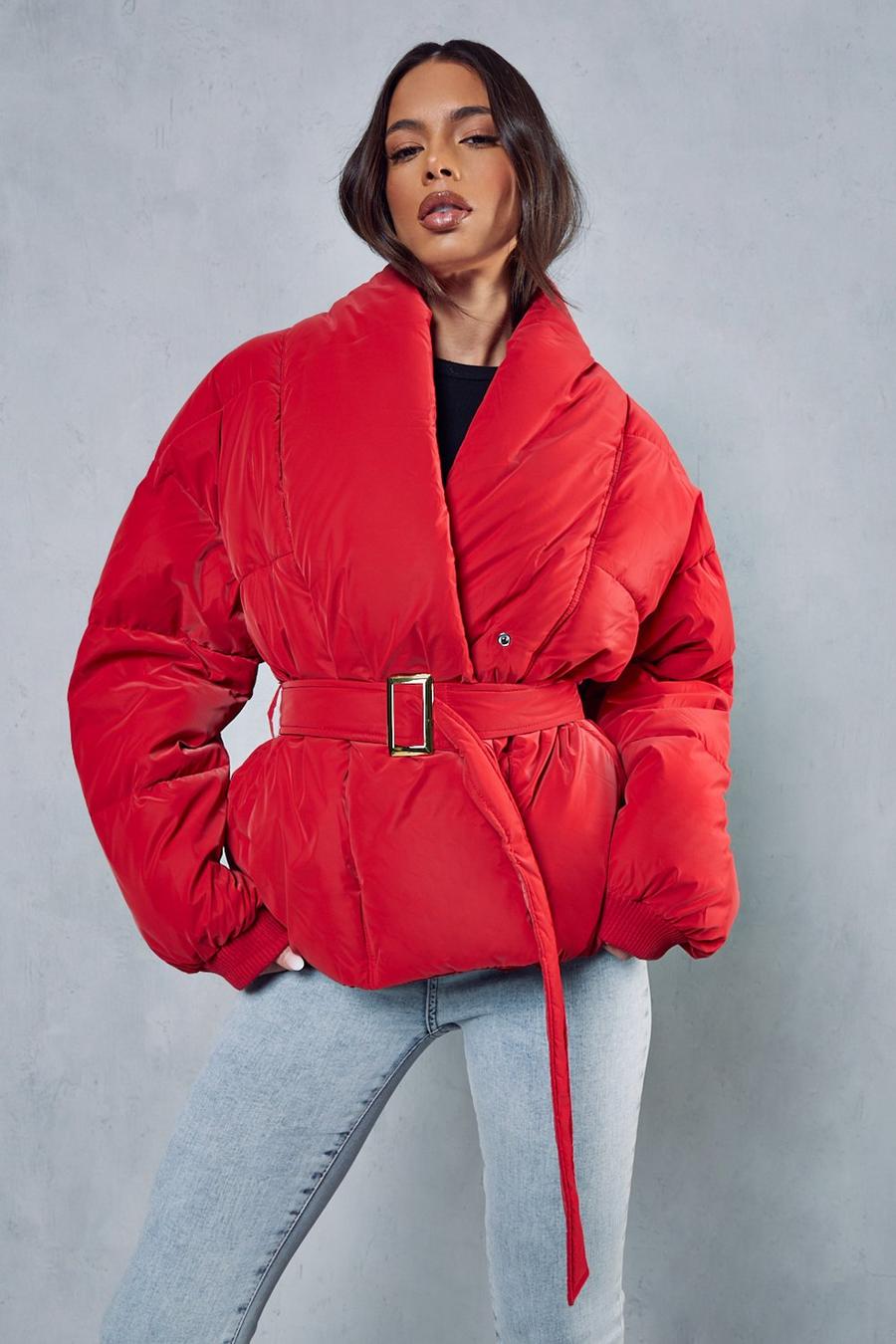 Red Belted Soft Touch Puffer Jacket image number 1