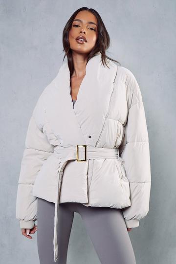 Stone Beige Belted Soft Touch Puffer Jacket