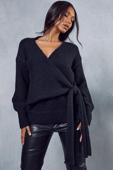 Black Oversized Fluffy Knit Tie Detail Cardigan