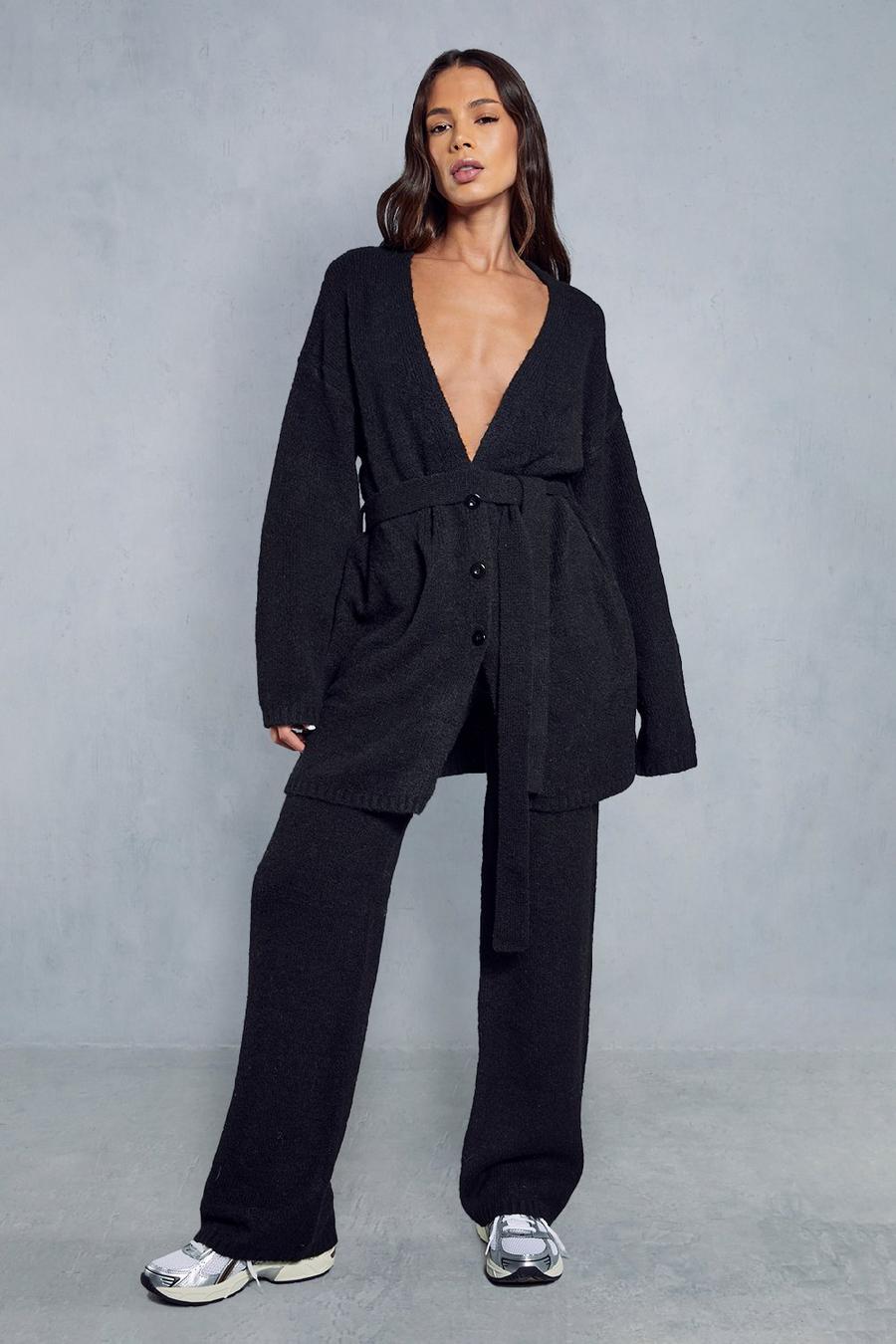 Black Oversized Belted Knitted Cardigan Co-ord image number 1