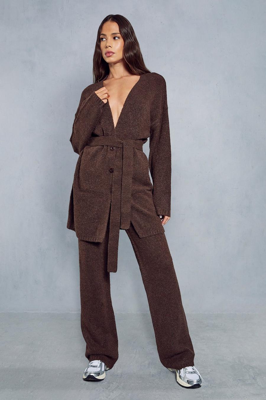 Chocolate Oversized Belted Knitted Cardigan Co-ord image number 1