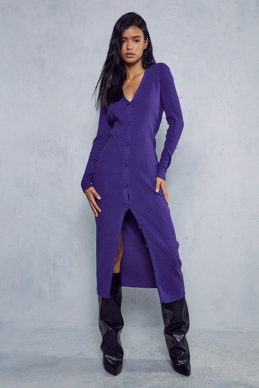 Purple Rib Knit Button Down Midi Dress image number 1