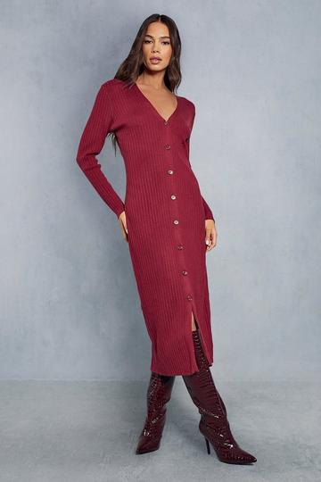 Rib Knit Button Down Midi Dress wine