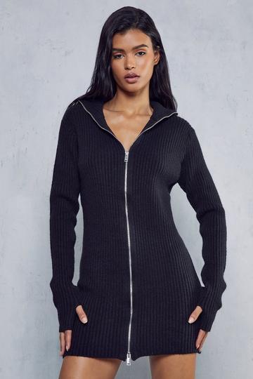 Rib Knit Zip Through Mini Dress black