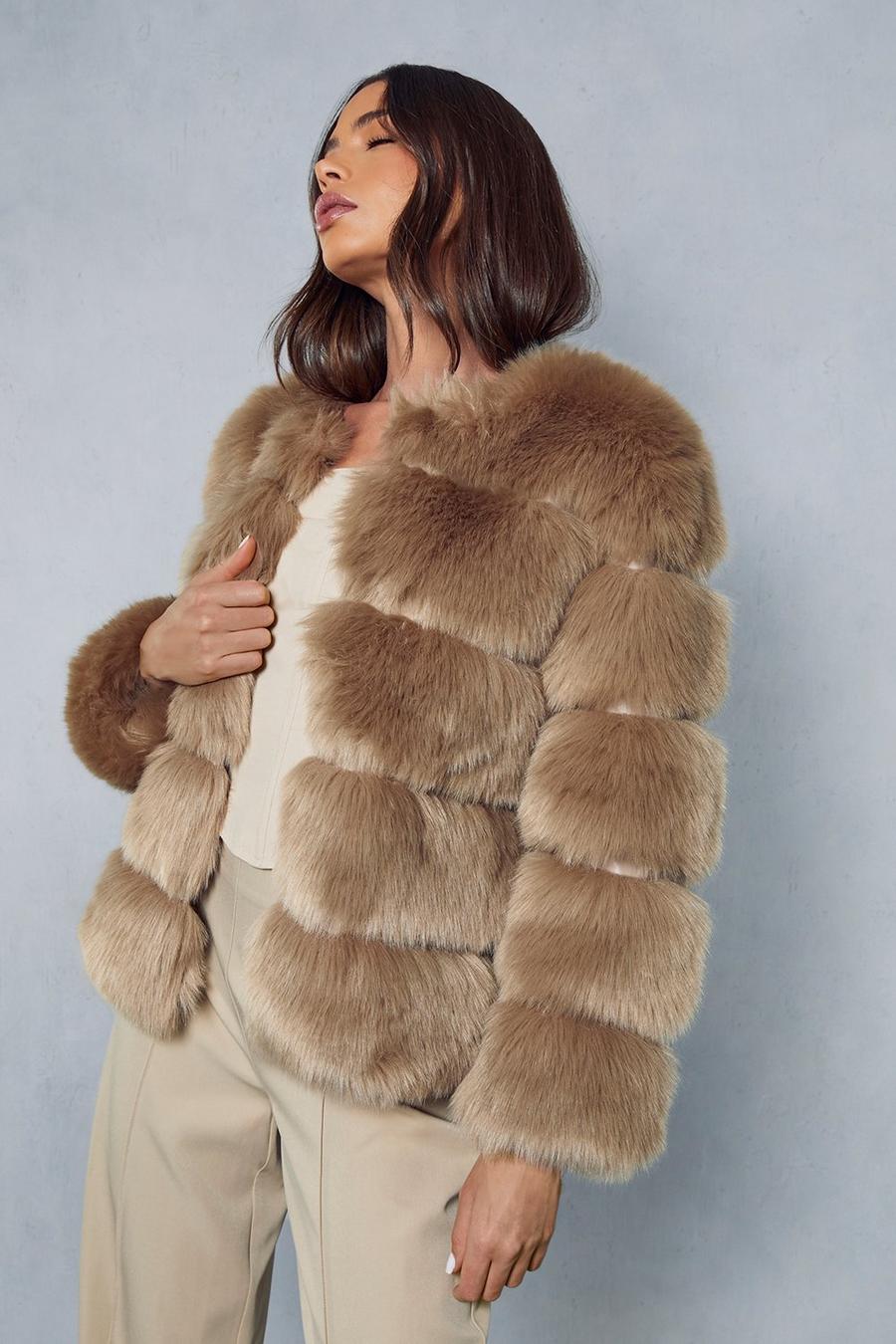 Stone Faux Fur Panelled Coat