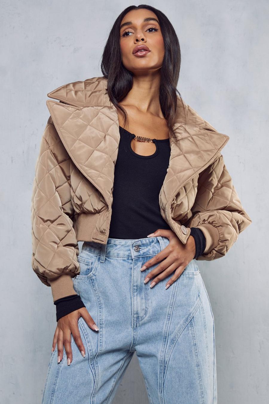 Camel Quilted Oversized Collar Jacket image number 1