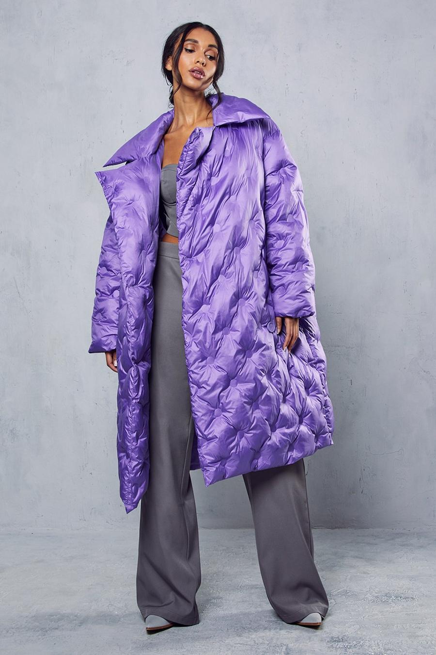 Purple Pintuck Detail Double Breasted Coat