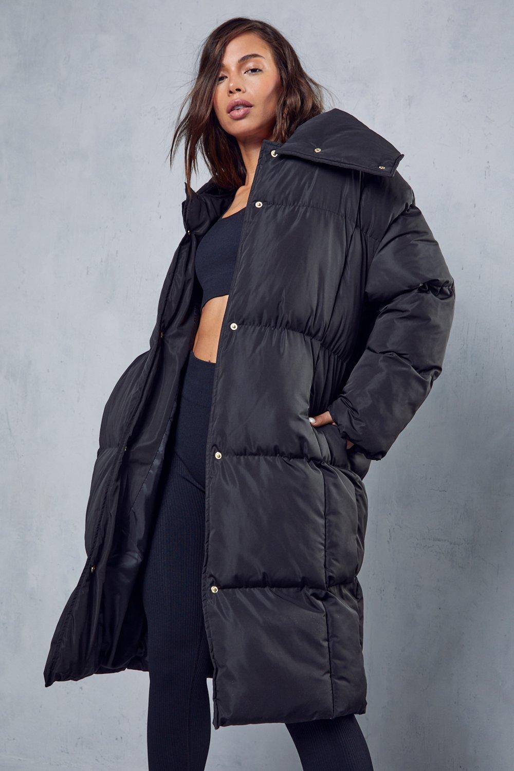 Boohoo longline padded coat with hood in outlet black