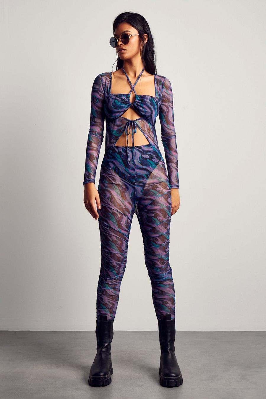 Purple Recycled Mesh Abstract Print Jumpsuit