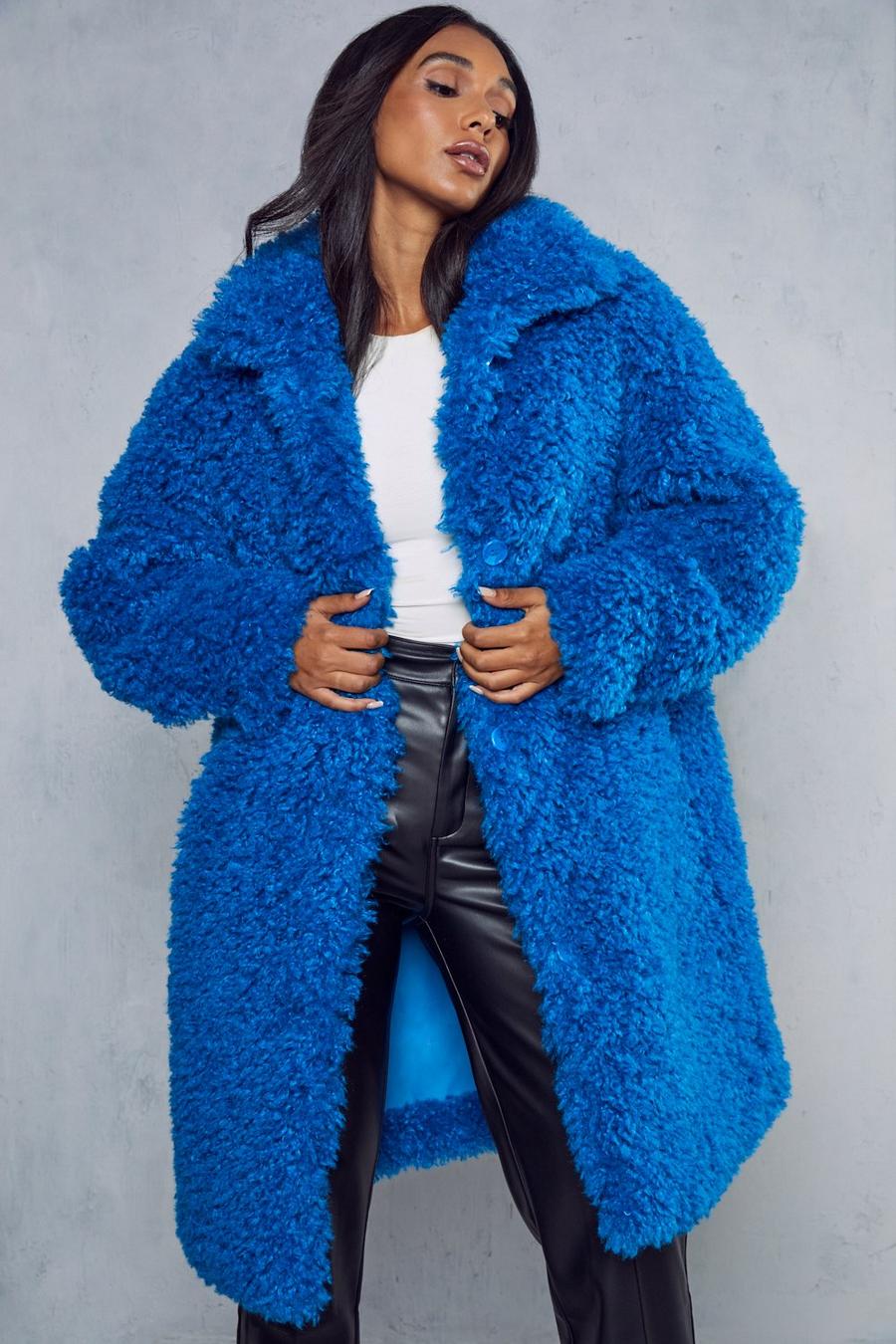 Blue Shaggy Faux Fur Longline Coat image number 1