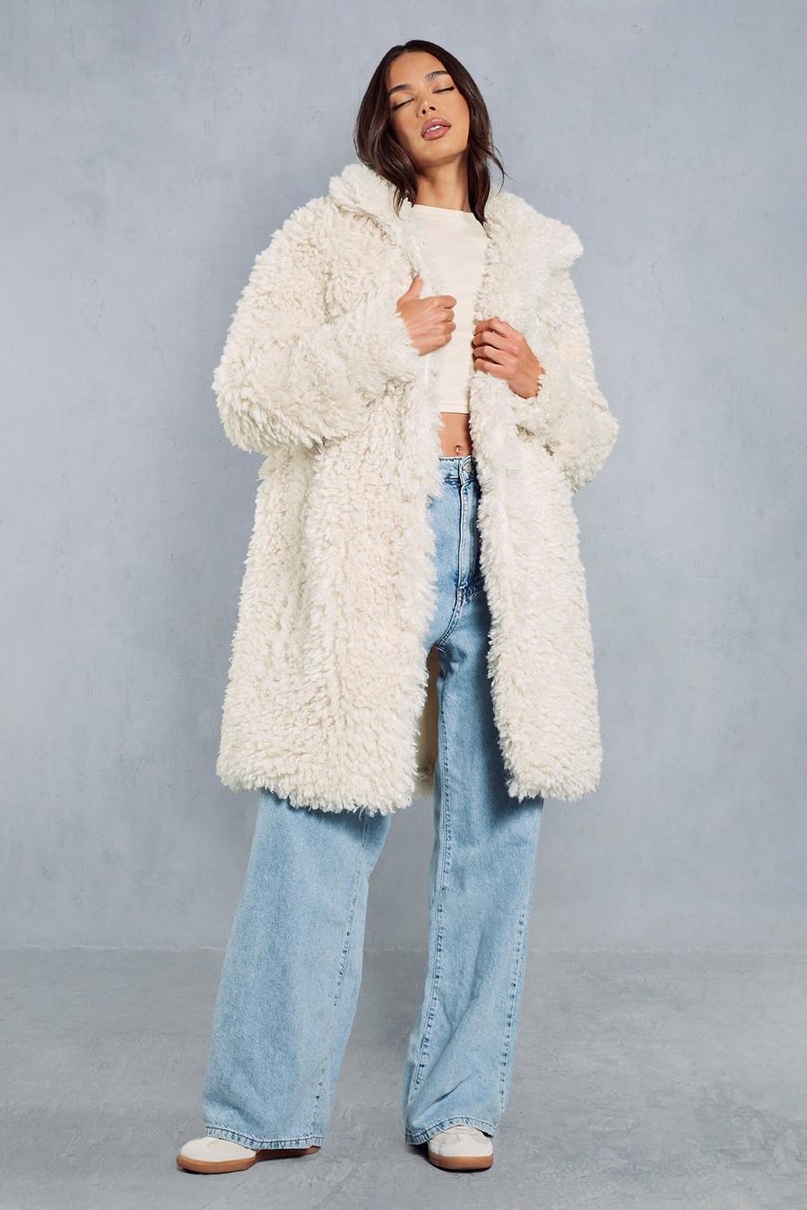 Cream Shaggy Faux Fur Longline Coat image number 1
