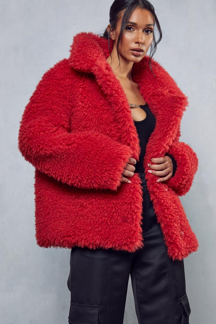 Red Shaggy Faux Fur Coat