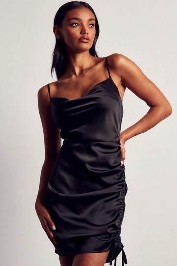 Satin Ruched Side Strappy Slip Dress black