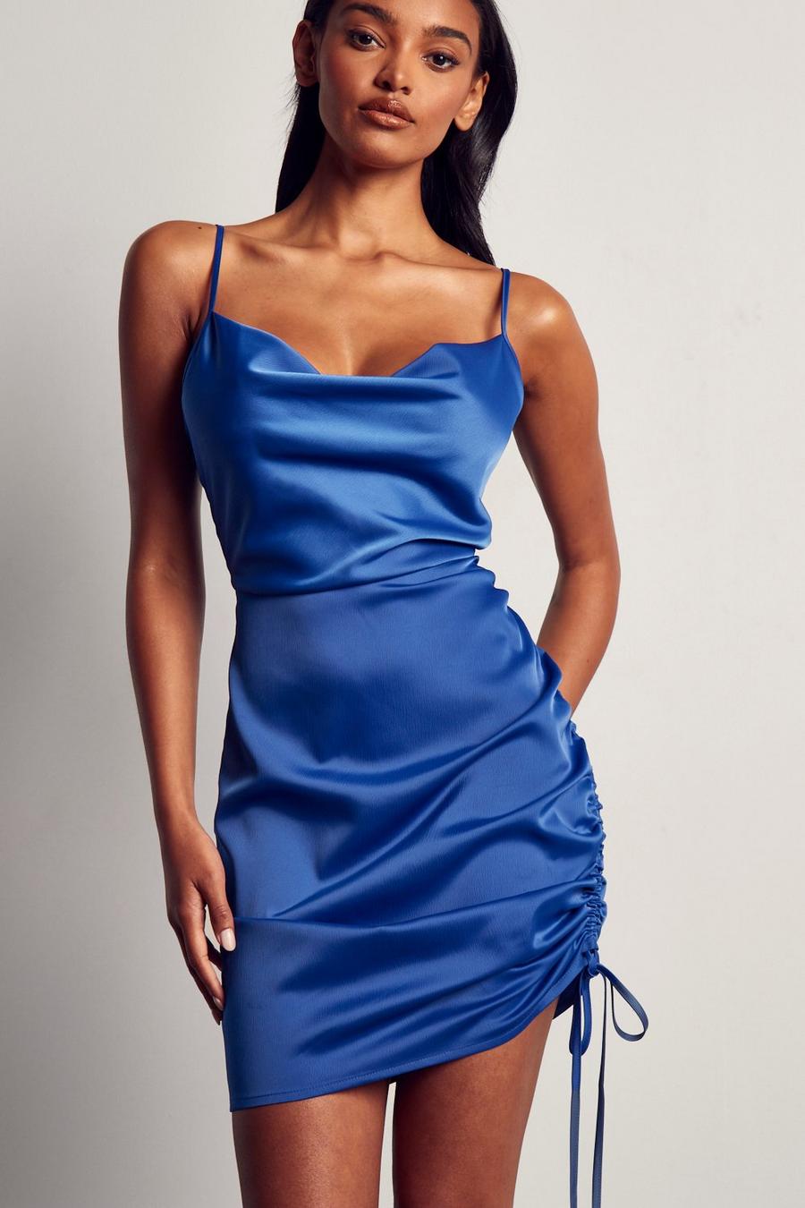 Cobalt Satin Ruched Side Strappy Slip Dress image number 1