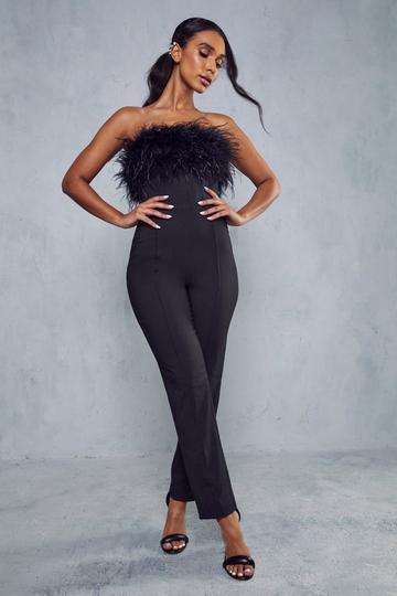 Premium Feather Trim Tailored Jumpsuit black