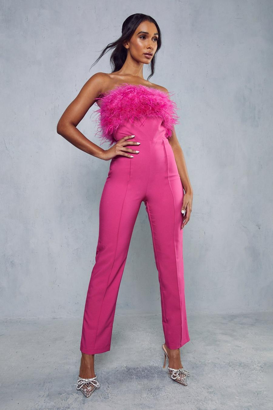 Pink Premium Feather Trim Tailored Jumpsuit
