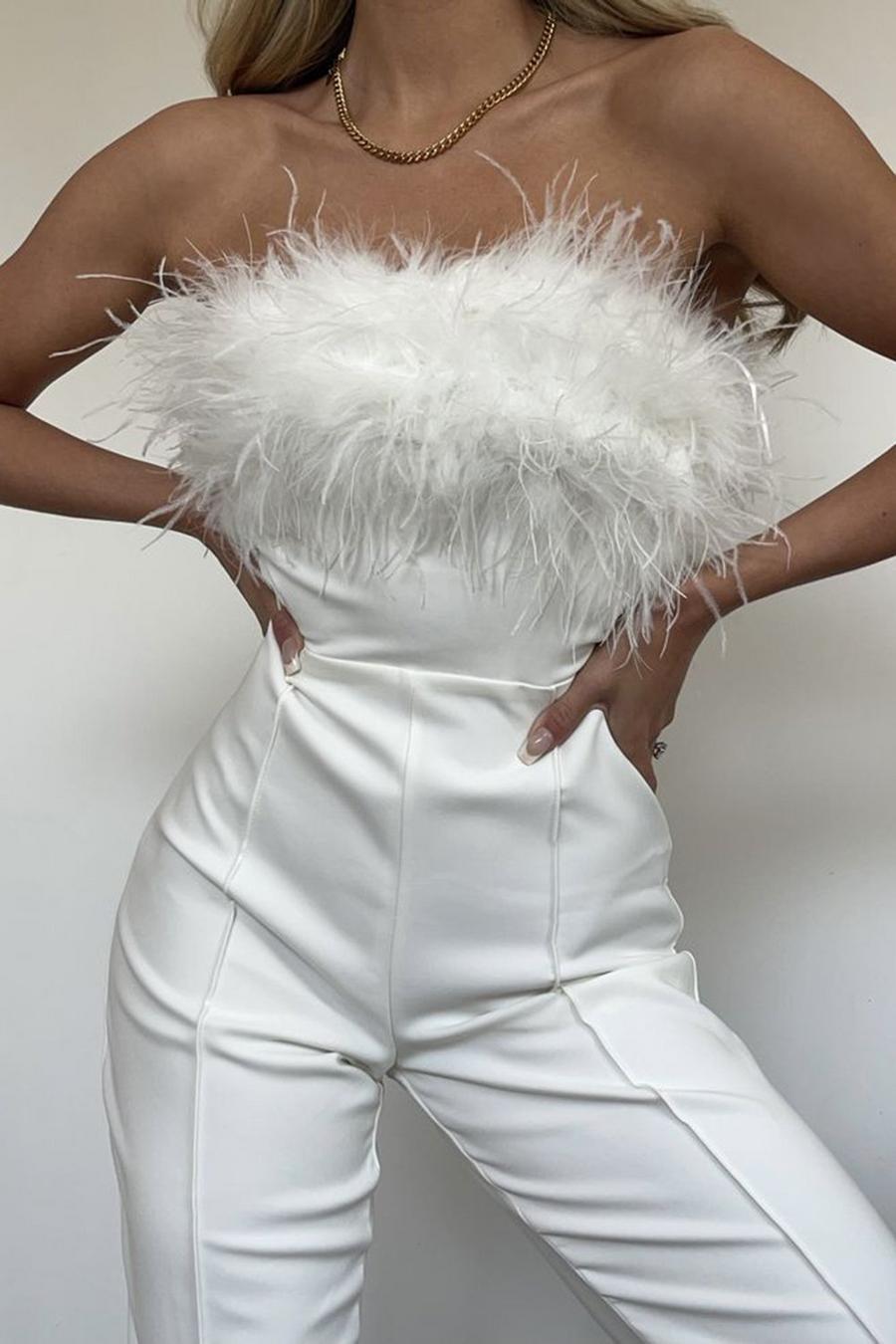 White Premium Feather Trim Tailored Jumpsuit image number 1
