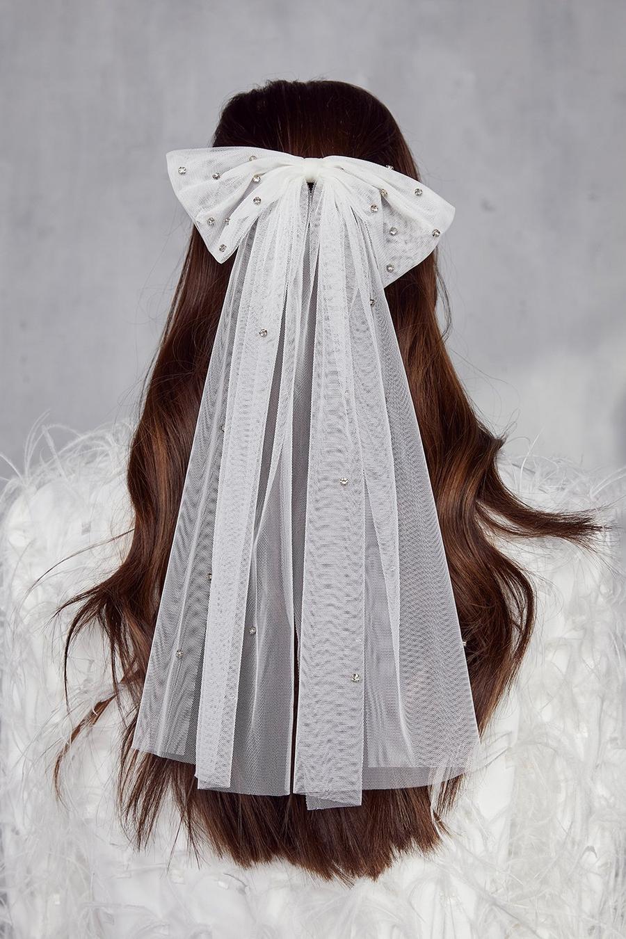 Diamante Bow Tulle Hair Clip , White bianco