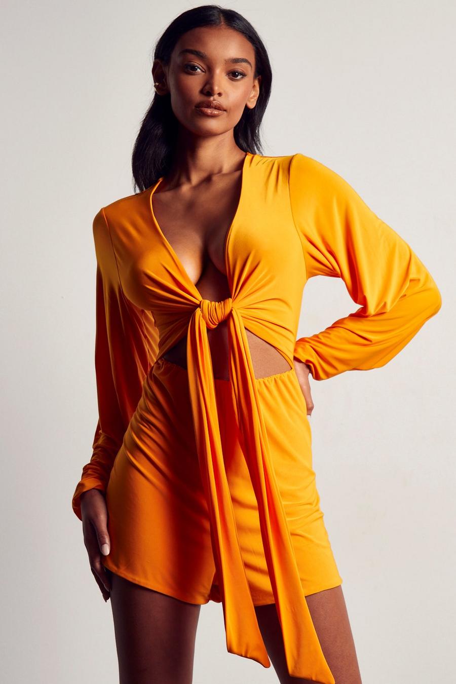Orange Double Layer Slinky Tie Front Playsuit image number 1