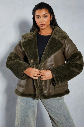 Khaki Contrast Borg Detail Aviator Jacket