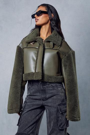 Borg Buckle Detail Cropped Aviator Jacket olive