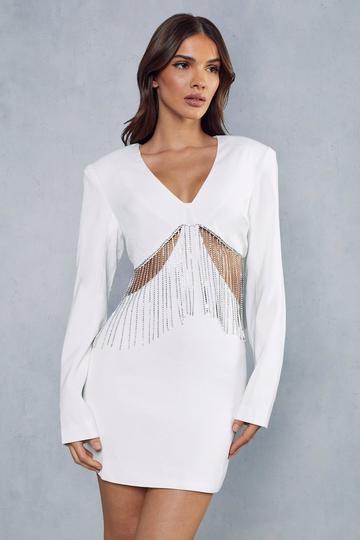 White Premium Diamante Chain Mini Dress