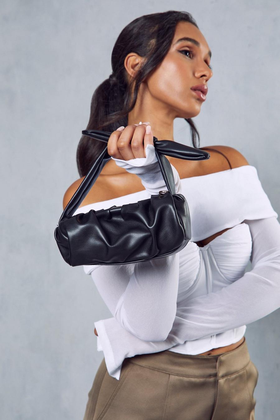 Black Leather Look Knot Tie Detail Clutch Bag