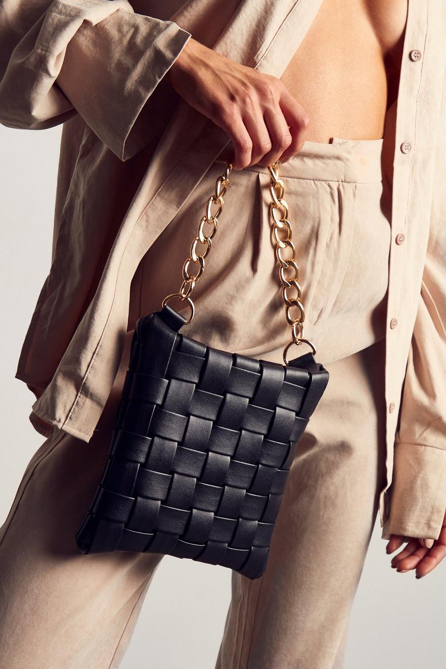 Black Leather Look Woven Chain Grab Bag image number 1