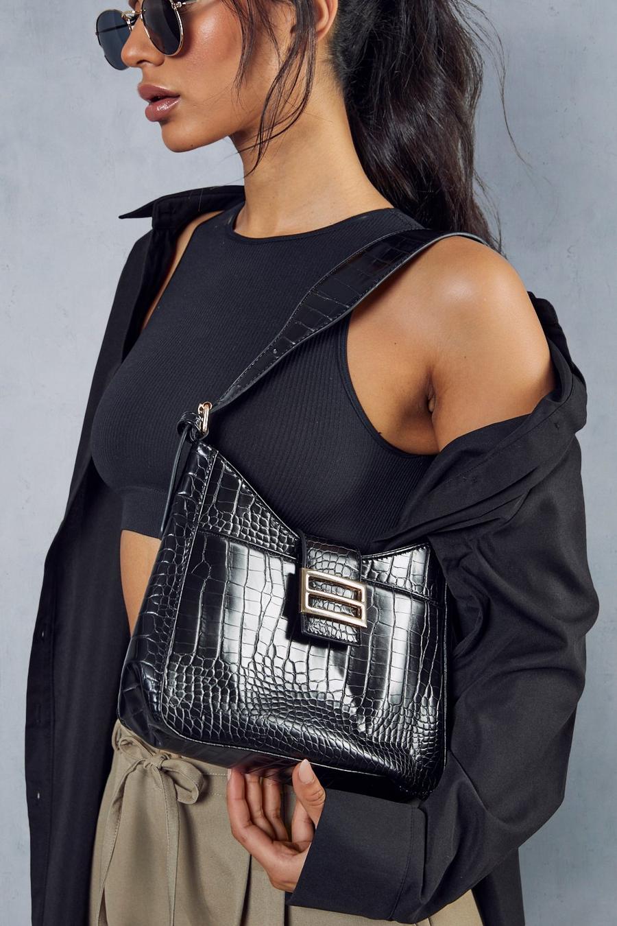Black Leather Look Croc Buckle Shoulder Bag