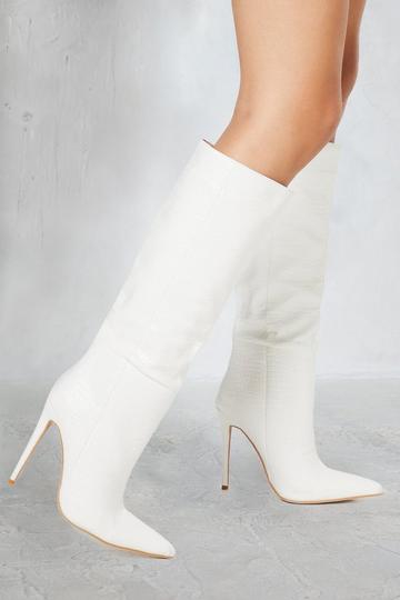 Leather Look Croc Pointed Heeled Boot white