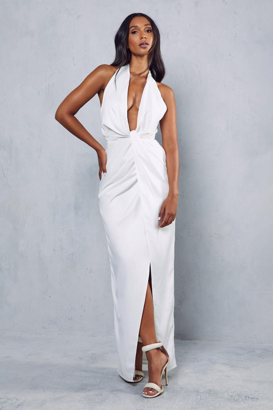 Ivory white Premium Satin Twist Detail Maxi Dress