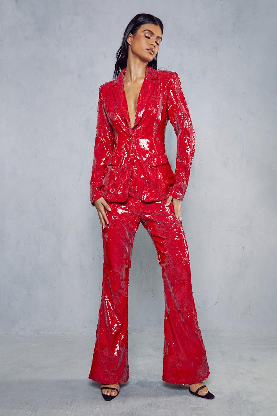 Red High Shine Sequin Flared Trousers image number 1