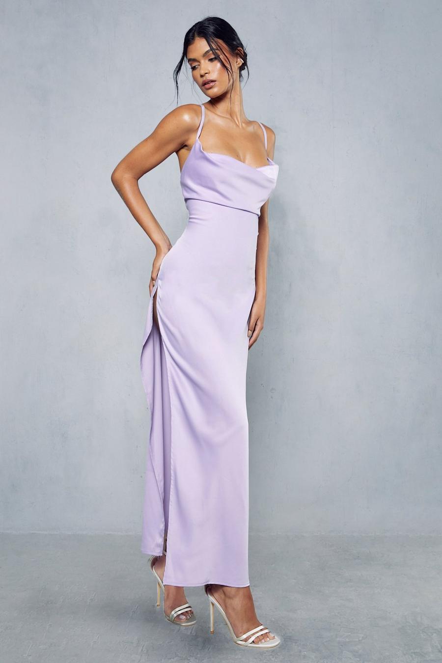 Lilac Premium Satin Cowl Neck Maxi Dress image number 1