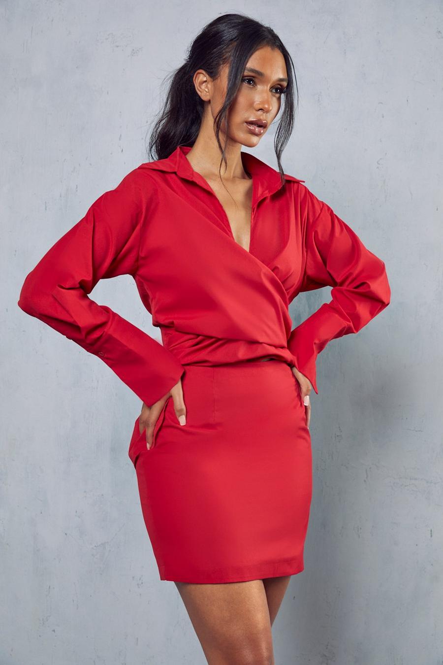 Red Wrap Over Shirt Co-ord image number 1