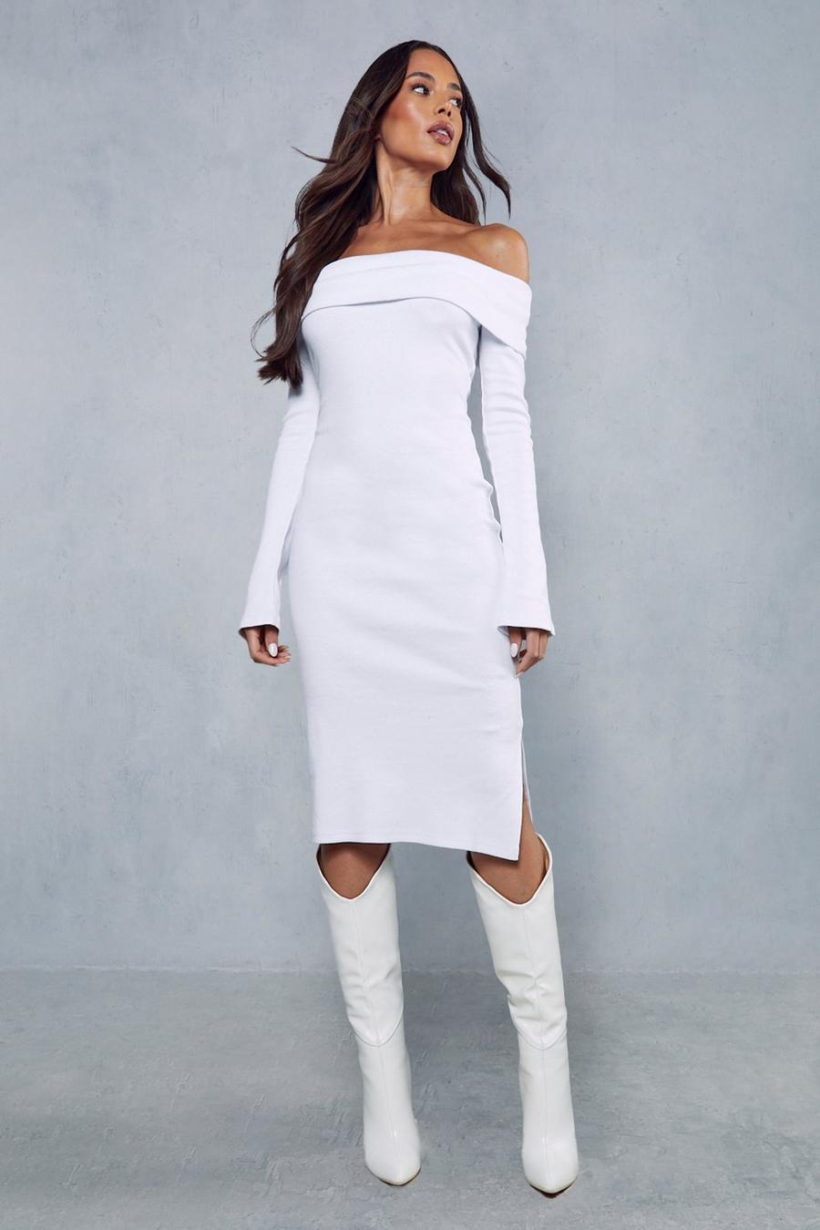 White Rib Off The Shoulder Long Sleeve Midi Dress image number 1