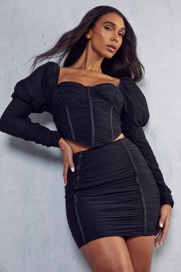 Mesh Ruched Puff Sleeve Corset Top black