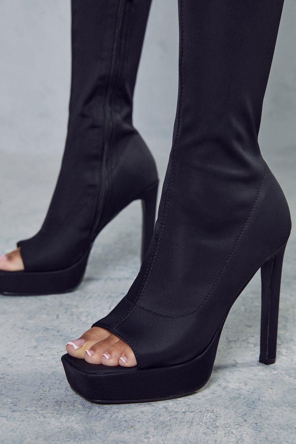 Black peep shop toe platform booties