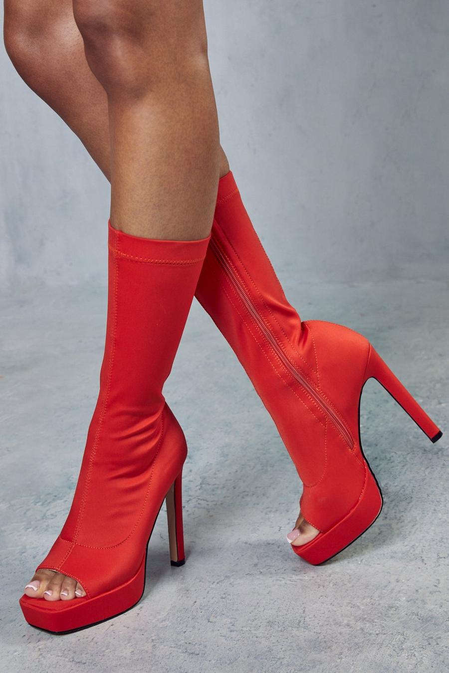 Red Platform Peep Toe Ankle Boots