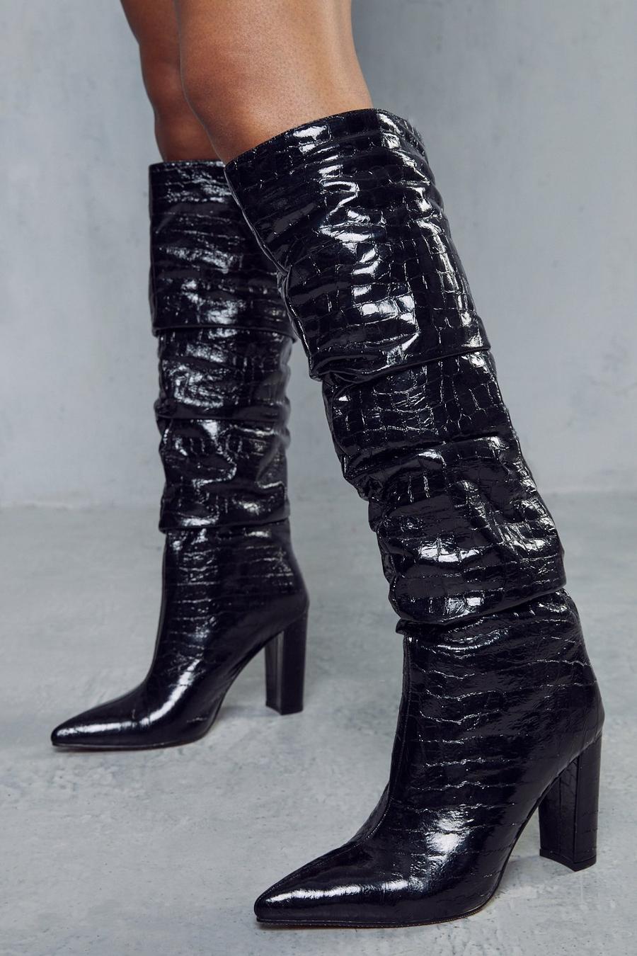Black Metallic Ruched Croc Knee High Boots image number 1