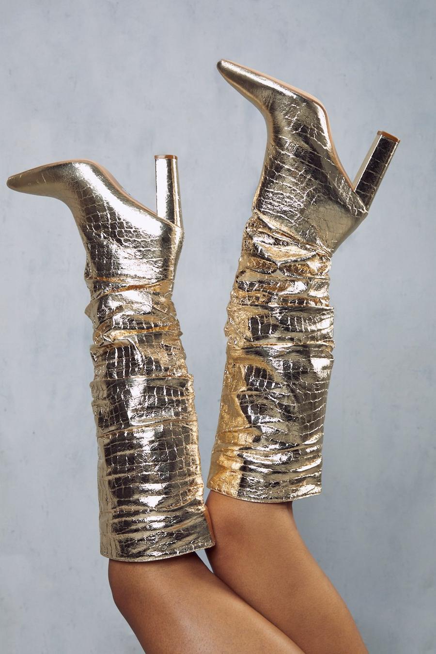Gold Metallic Ruched Croc Knee High Boots image number 1