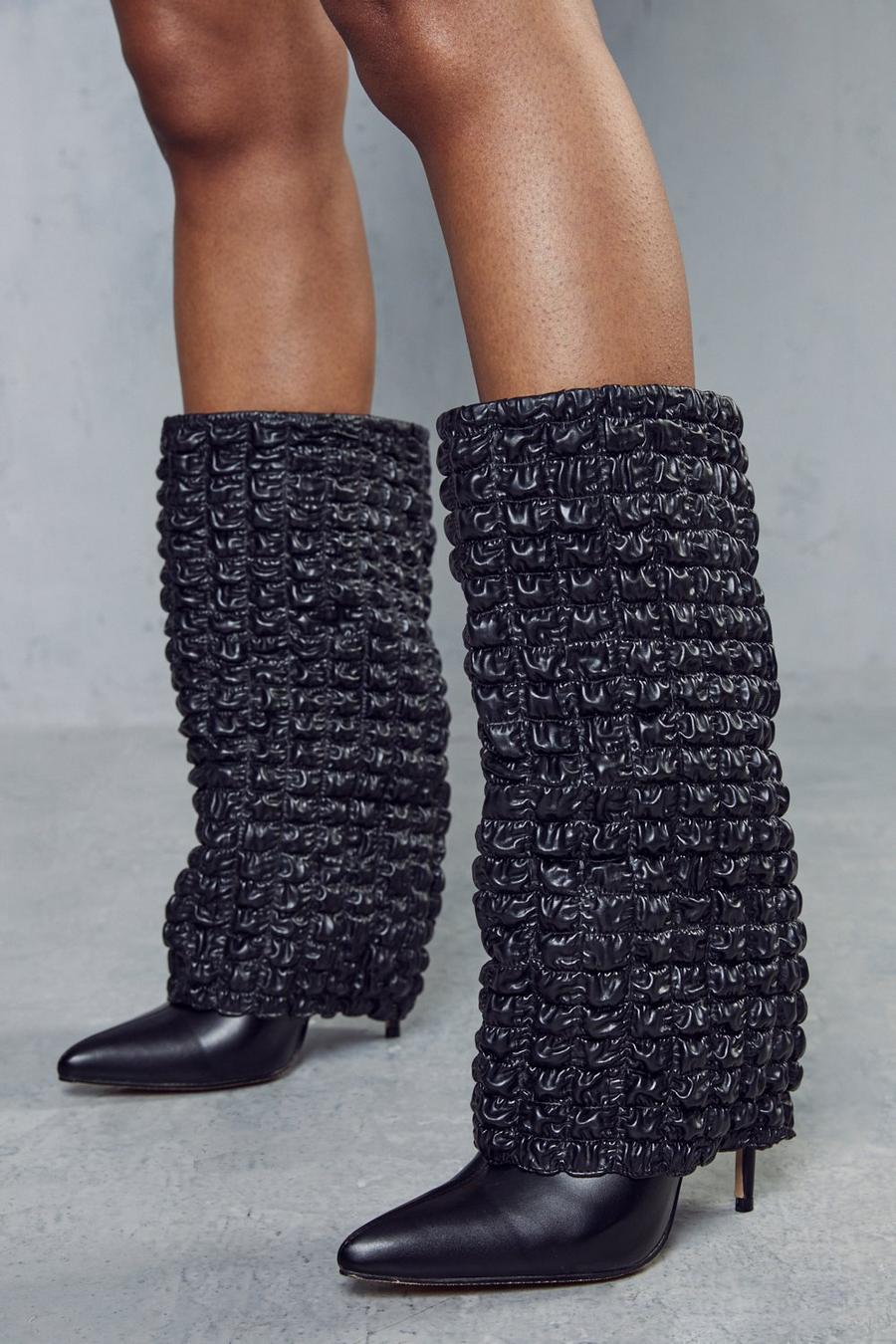 Black Textured Folded Knee High Boots image number 1